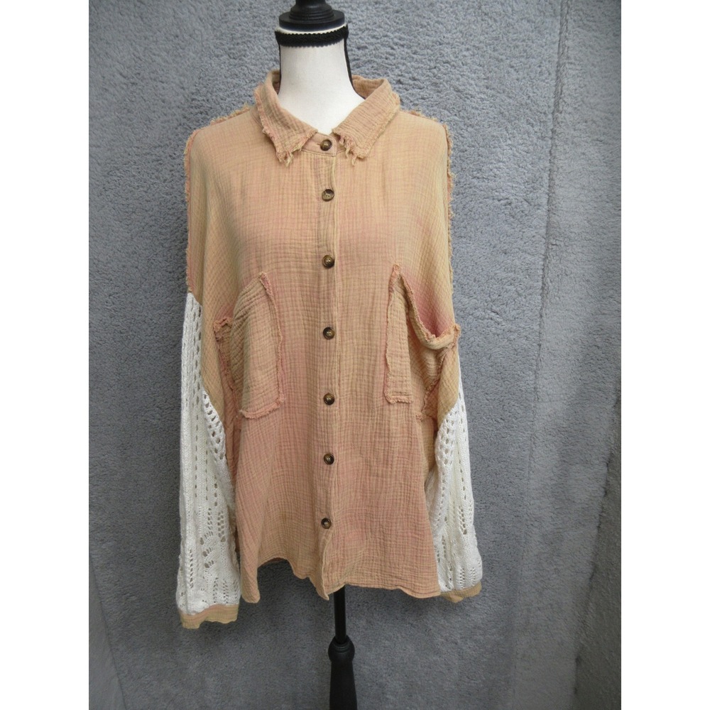 POL Crochet Sleeve Shirt Shacket Women L Orange Boho Gauze Cottagecore Layering